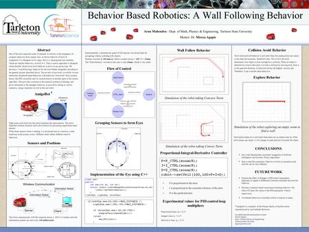 Behavior Based Robotics: A Wall Following Behavior Arun Mahendra - Dept. of Math, Physics & Engineering, Tarleton State University Mentor: Dr. Mircea Agapie.