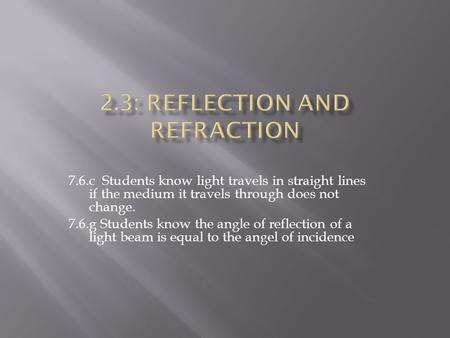 7.6.c Students know light travels in straight lines if the medium it travels through does not change. 7.6.g Students know the angle of reflection of a.
