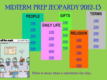 MIDTERM PREP JEOPARDY 2012-13 PEOPLE 100 200 300 400 500 GIFTS 100 200 300 400 500 DAILY LIFE 100 200 300 400 500 TERMS 100 200 300 400 500 RELIGION 100.