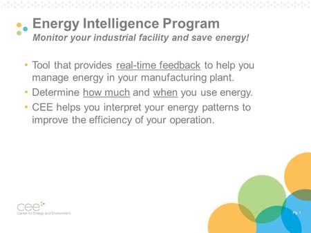 Pg. 1 Energy Intelligence Program Monitor your industrial facility and save energy! Tool that provides real-time feedback to help you manage energy in.
