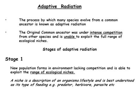 The process by which many species evolve from a common ancestor is known as adaptive radiation The Original Common ancestor was under intense competition.