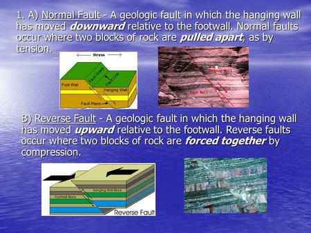1. A) Normal Fault - A geologic fault in which the hanging wall has moved downward relative to the footwall. Normal faults occur where two blocks of rock.