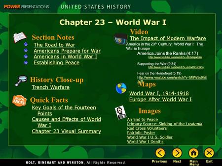 Chapter 23 – World War I Video Section Notes History Close-up Maps