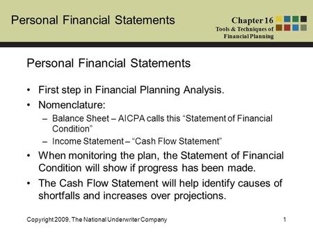 Personal Financial Statements Chapter 16 Tools & Techniques of Financial Planning Copyright 2009, The National Underwriter Company1 Personal Financial.