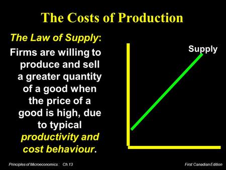 Principles of Microeconomics : Ch.13 First Canadian Edition Supply The Costs of Production The Law of Supply: Firms are willing to produce and sell a greater.
