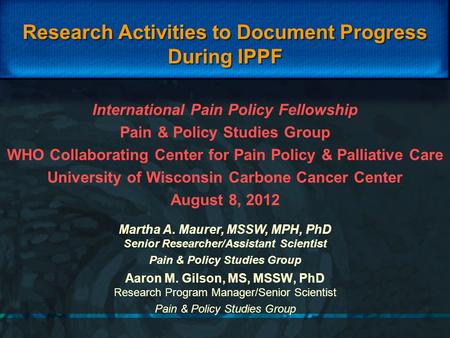 Research Activities to Document Progress During IPPF Aaron M. Gilson, MS, MSSW, PhD Research Program Manager/Senior Scientist Pain & Policy Studies Group.
