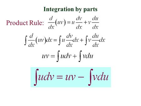 Integration by parts Product Rule:. Integration by parts Let dv be the most complicated part of the original integrand that fits a basic integration Rule.