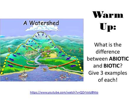 Warm Up: What is the difference between ABIOTIC and BIOTIC? Give 3 examples of each! https://www.youtube.com/watch?v=QOrVotzBNto.