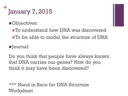 + January 7, 2015 Objectives: To understand how DNA was discovered To be able to model the structure of DNA Journal: Do you think that people have always.