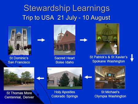 Stewardship Learnings Trip to USA 21 July - 10 August St Dominic’s San Francisco Sacred Heart Boise Idaho St Patrick’s & St Xavier’s Spokane Washington.