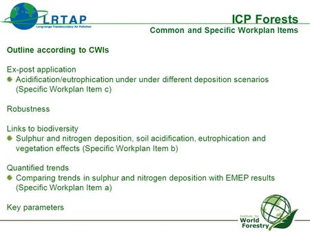 ICP Forests Common and Specific Workplan Items Outline according to CWIs Ex-post application Acidification/eutrophication under under different deposition.