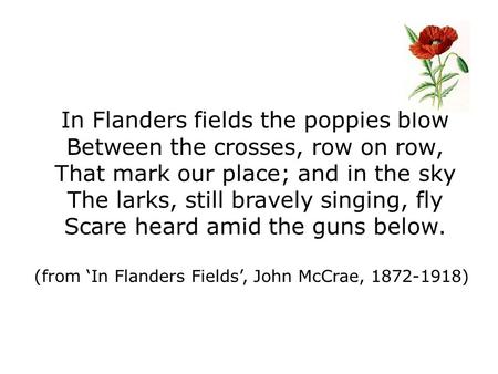 In Flanders fields the poppies blow Between the crosses, row on row,