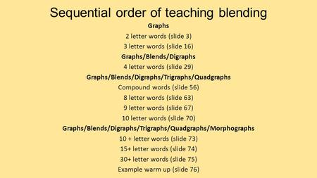 Sequential order of teaching blending Graphs 2 letter words (slide 3) 3 letter words (slide 16) Graphs/Blends/Digraphs 4 letter words (slide 29) Graphs/Blends/Digraphs/Trigraphs/Quadgraphs.