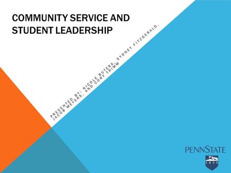 COMMUNITY SERVICE AND STUDENT LEADERSHIP PRESENTED BY: NICOLE BUTERA, SYDNEY FITZGERALD, JACOB MEYERS, AND CORY TRIMM.