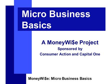 MoneyWi$e: Micro Business Basics Micro Business Basics A MoneyWi$e Project Sponsored by Consumer Action and Capital One.