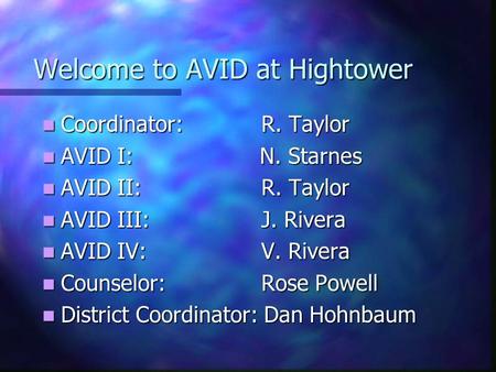 Welcome to AVID at Hightower Coordinator: R. Taylor Coordinator: R. Taylor AVID I: N. Starnes AVID I: N. Starnes AVID II: R. Taylor AVID II: R. Taylor.