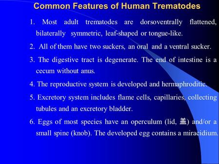 Common Features of Human Trematodes 1. Most adult trematodes are dorsoventrally flattened, bilaterally symmetric, leaf-shaped or tongue-like. 2. All of.