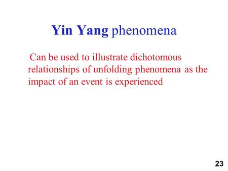 Yin Yang phenomena Can be used to illustrate dichotomous relationships of unfolding phenomena as the impact of an event is experienced 23.