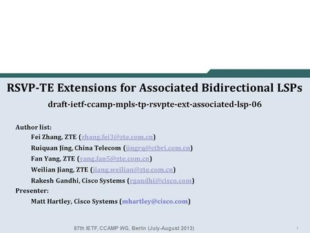 1 RSVP-TE Extensions for Associated Bidirectional LSPs draft-ietf-ccamp-mpls-tp-rsvpte-ext-associated-lsp-06 Author list: Fei Zhang, ZTE