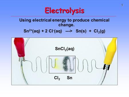 1 Electrolysis Using electrical energy to produce chemical change. Sn 2+ (aq) + 2 Cl - (aq) ---> Sn(s) + Cl 2 (g) Sn Cl 2 SnCl 2 (aq)