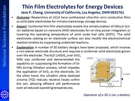 National Science Foundation Thin Film Electrolytes for Energy Devices Jane P. Chang, University of California, Los Angeles, DMR 0932761 Outcome: Researchers.