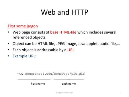 2: Application Layer1 Web and HTTP First some jargon Web page consists of base HTML-file which includes several referenced objects Object can be HTML file,