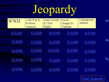 Jeopardy Q $100 Q $200 Q $300 Q $400 Q $500 Q $100 Q $200 Q $300 Q $400 Q $500 Final Jeopardy.