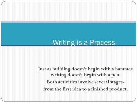 Just as building doesn’t begin with a hammer, writing doesn’t begin with a pen. Both activities involve several stages- from the first idea to a finished.