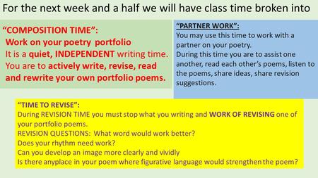 “COMPOSITION TIME”: Work on your poetry portfolio It is a quiet, INDEPENDENT writing time. You are to actively write, revise, read and rewrite your own.