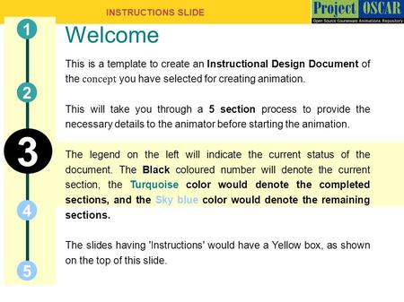 INSTRUCTIONS SLIDE Welcome This is a template to create an Instructional Design Document of the concept you have selected for creating animation. This.