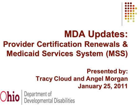 MDA Updates: Provider Certification Renewals & Medicaid Services System (MSS) Presented by: Tracy Cloud and Angel Morgan January 25, 2011.