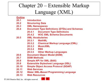  2003 Prentice Hall, Inc. All rights reserved. Chapter 20 – Extensible Markup Language (XML) Outline 20.1 Introduction 20.2 Structuring Data 20.3 XML.