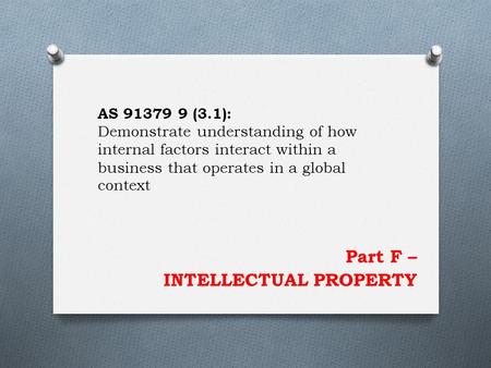 Part F – INTELLECTUAL PROPERTY AS 91379 9 (3.1): Demonstrate understanding of how internal factors interact within a business that operates in a global.