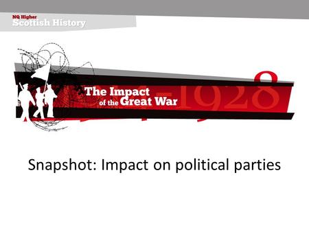 Snapshot: Impact on political parties. Impact on political parties Growth of radicalism during the First World War as seen by Red Clydeside and role of.