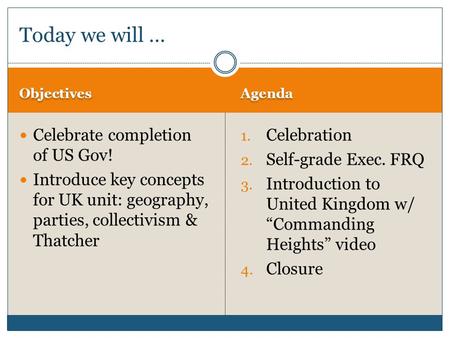 Objectives Agenda Celebrate completion of US Gov! Introduce key concepts for UK unit: geography, parties, collectivism & Thatcher 1. Celebration 2. Self-grade.