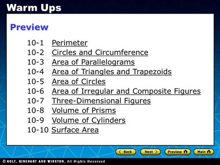 Warm Ups Preview 10-1 Perimeter 10-2 Circles and Circumference