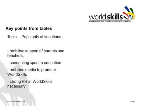 WorldSkills Leaders Forum Slide 1 Key points from tables TopicPopularity of vocations - mobilise support of parents and teachers, - connecting sport to.