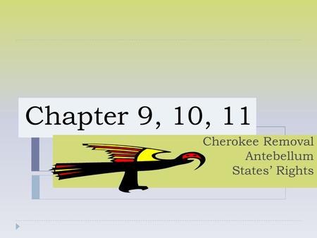 Chapter 9, 10, 11 Cherokee Removal Antebellum States’ Rights.
