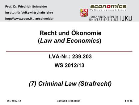 Prof. Dr. Friedrich Schneider Institut für Volkswirtschaftslehre  Recht und Ökonomie (Law and Economics) LVA-Nr.: 239.203.