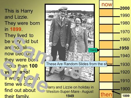 Harry and Lizzie on holiday in Weston-Super-Mare - August 1949 This is Harry and Lizzie. They were born in 1899. They lived to be very old but are not.