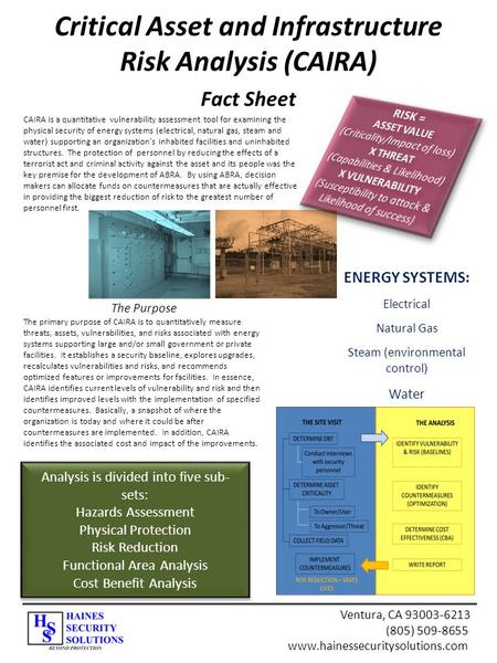 CAIRA is a quantitative vulnerability assessment tool for examining the physical security of energy systems (electrical, natural gas, steam and water)