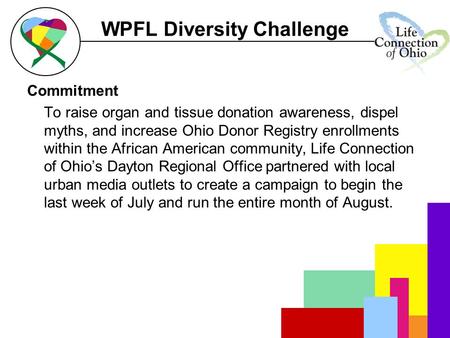 WPFL Diversity Challenge Commitment To raise organ and tissue donation awareness, dispel myths, and increase Ohio Donor Registry enrollments within the.