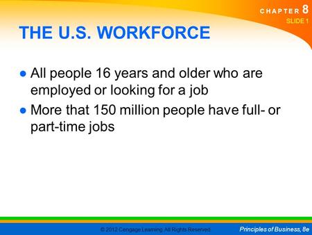© 2012 Cengage Learning. All Rights Reserved. Principles of Business, 8e C H A P T E R 8 SLIDE 1 THE U.S. WORKFORCE ●All people 16 years and older who.
