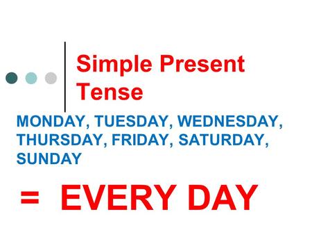 Simple Present Tense MONDAY, TUESDAY, WEDNESDAY, THURSDAY, FRIDAY, SATURDAY, SUNDAY = EVERY DAY.