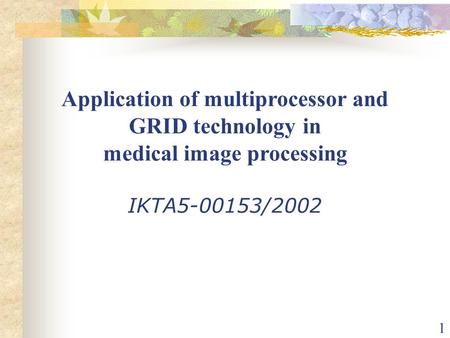 1 Application of multiprocessor and GRID technology in medical image processing IKTA5-00153/2002.
