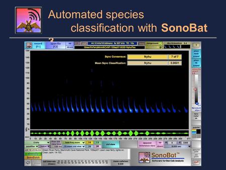 Automated species classification with SonoBat 3. SonoBat uses a decision engine based on the quantitative analysis of approximately 10,000 species- known.