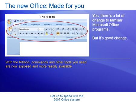 Get up to speed with the 2007 Office system The new Office: Made for you Yes, there’s a lot of change to familiar Microsoft Office programs. But it’s good.