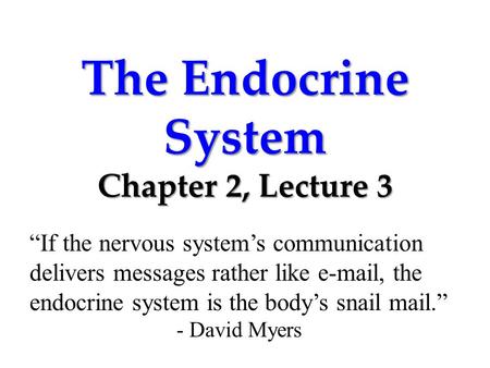 The Endocrine System Chapter 2, Lecture 3 “If the nervous system’s communication delivers messages rather like e-mail, the endocrine system is the body’s.