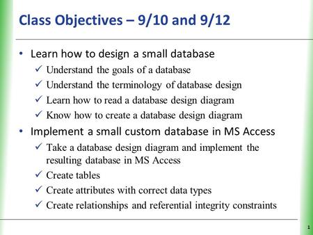 XP Class Objectives – 9/10 and 9/12 Learn how to design a small database Understand the goals of a database Understand the terminology of database design.