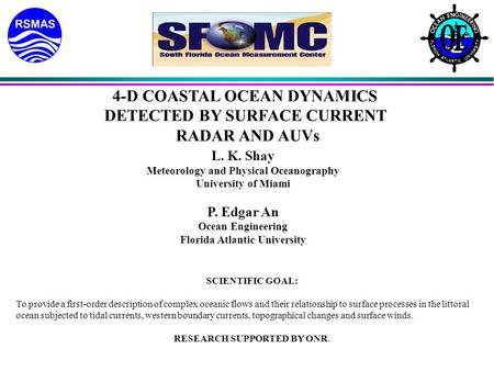 4-D COASTAL OCEAN DYNAMICS DETECTED BY SURFACE CURRENT RADAR AND AUVs L. K. Shay Meteorology and Physical Oceanography University of Miami P. Edgar An.